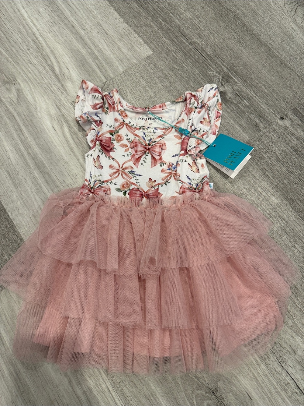 Posh Peanut Bow & Floral Tulle Dress - Dusty Rose & White